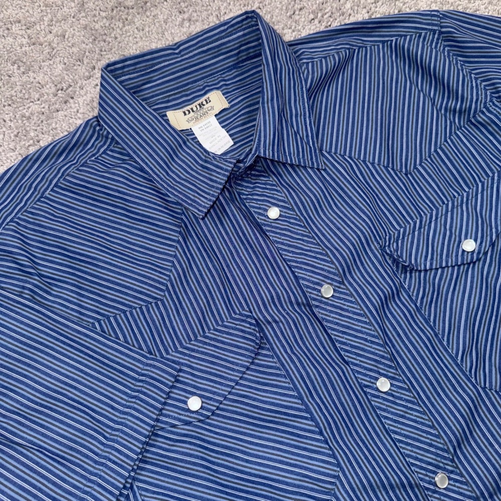 Duke Haband Western Shirt Mens Striped Pearl Snap Short Sleeve Blue XL EXCELLENT